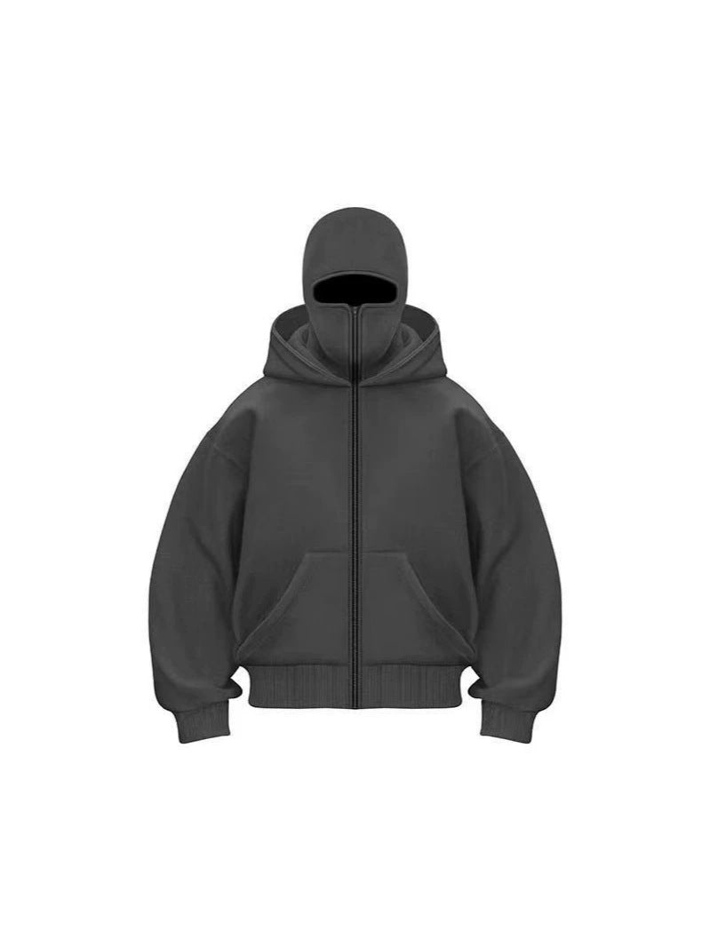 Men's Solid Color Full-Zip Hoodie with Integrated Face Mask