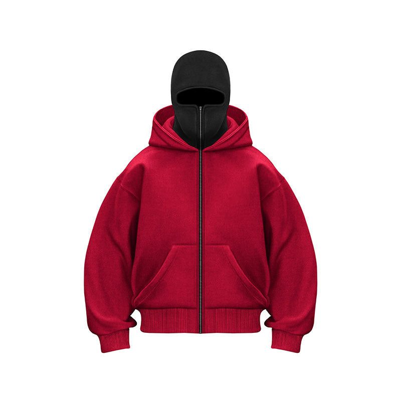 Men's Solid Color Full-Zip Hoodie with Integrated Face Mask