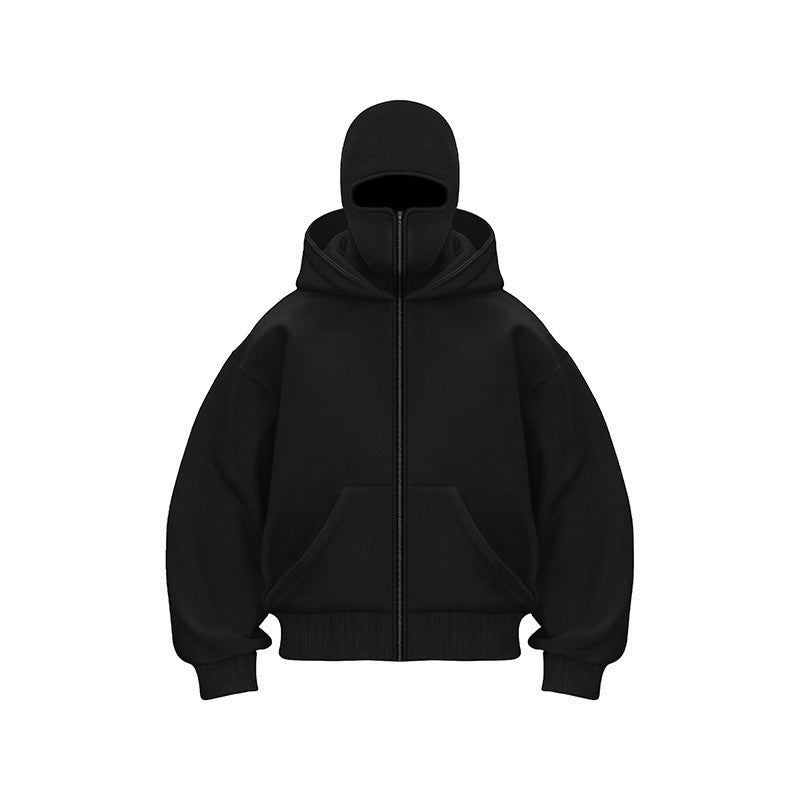 Men's Solid Color Full-Zip Hoodie with Integrated Face Mask