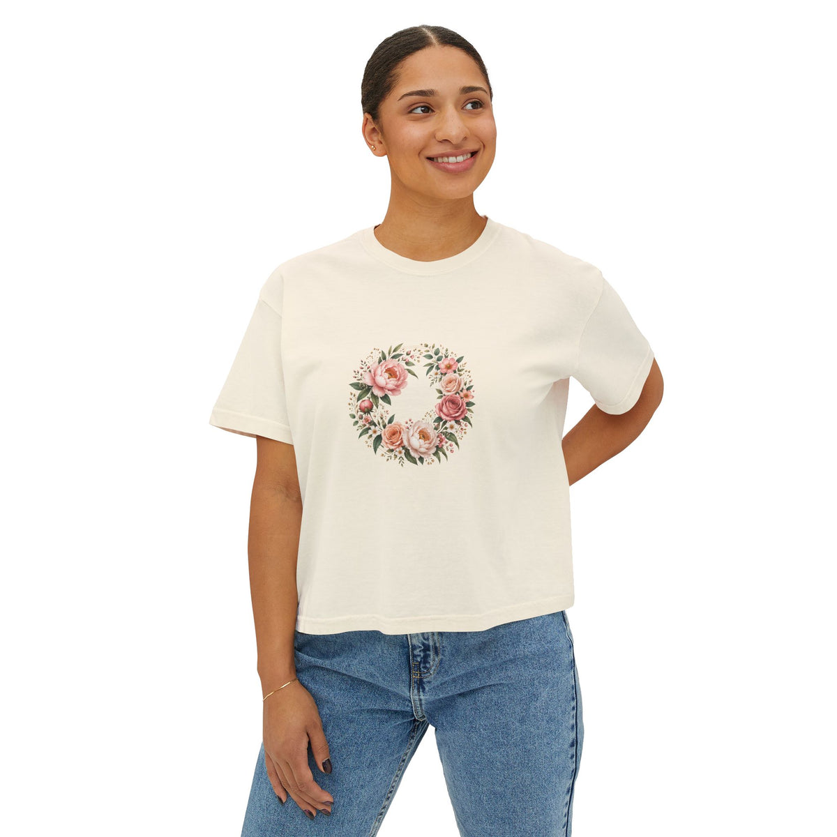 Women's Floral Wreath Heart Boxy Tee