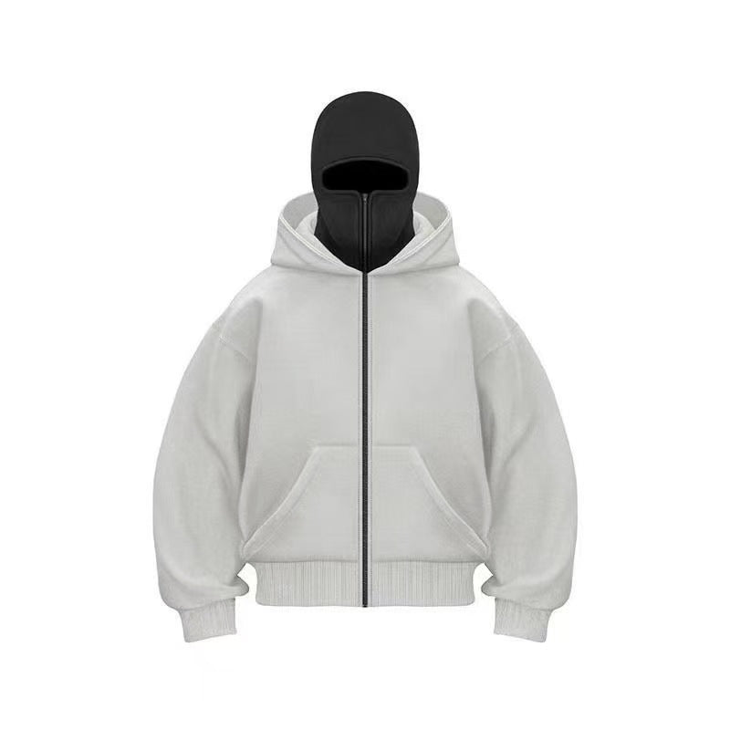 Men's Solid Color Full-Zip Hoodie with Integrated Face Mask