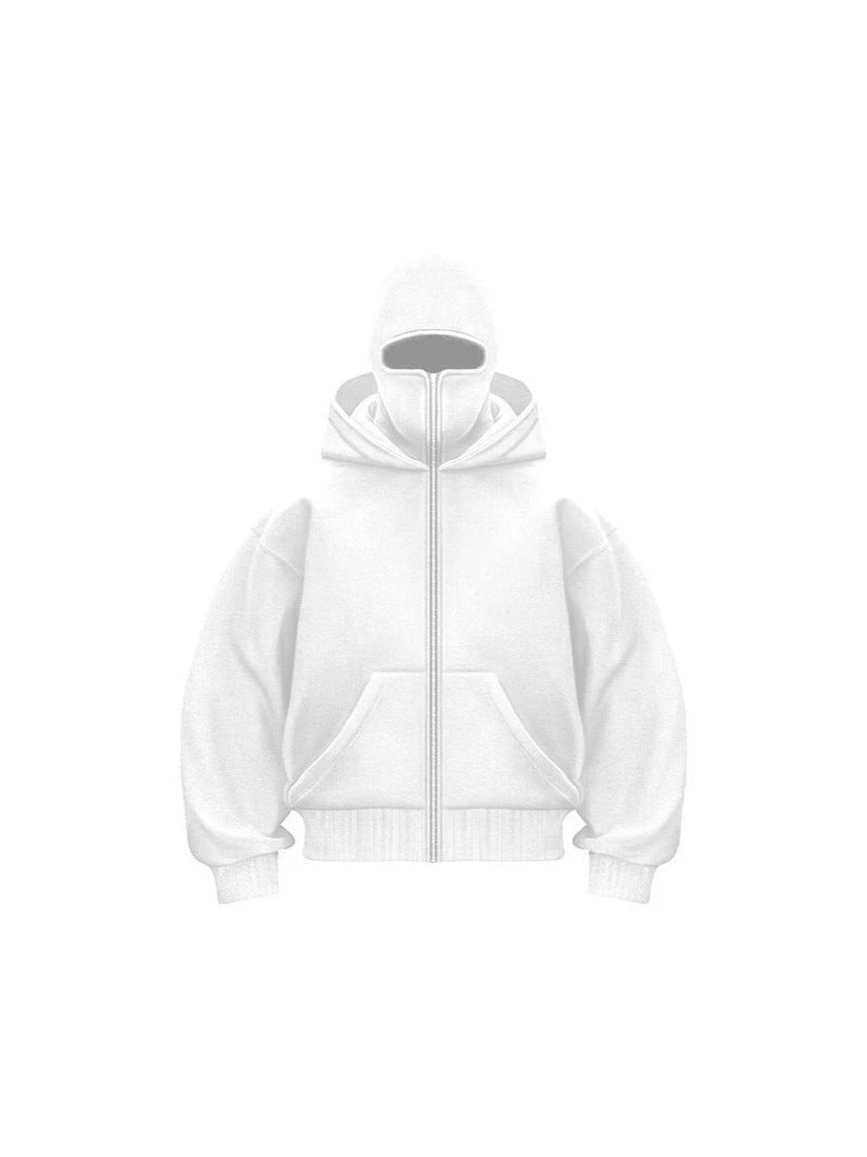 Men's Solid Color Full-Zip Hoodie with Integrated Face Mask