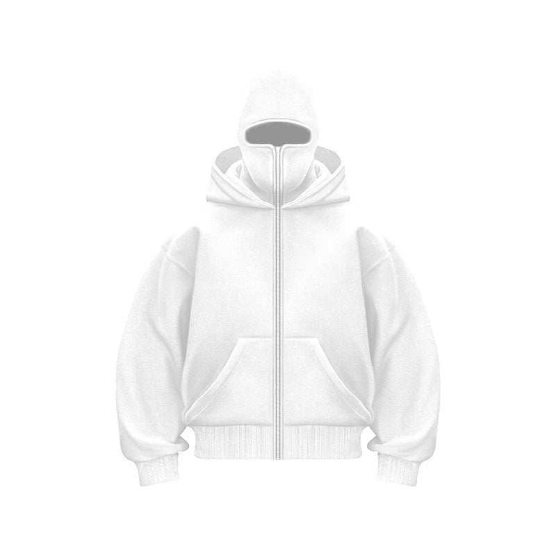 Men's Solid Color Full-Zip Hoodie with Integrated Face Mask