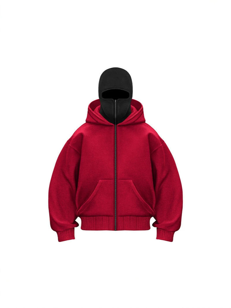 Men's Solid Color Full-Zip Hoodie with Integrated Face Mask
