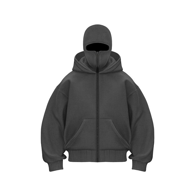 Men's Solid Color Full-Zip Hoodie with Integrated Face Mask