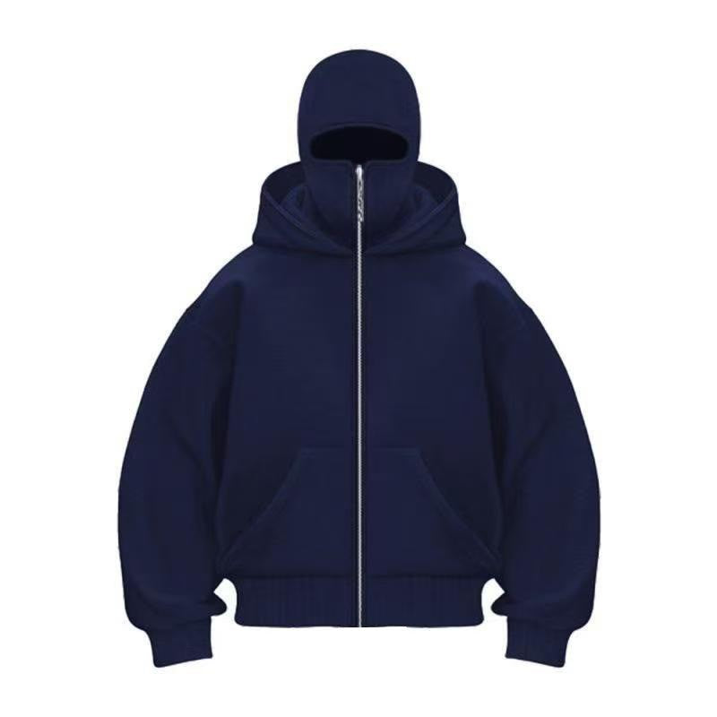 Men's Solid Color Full-Zip Hoodie with Integrated Face Mask