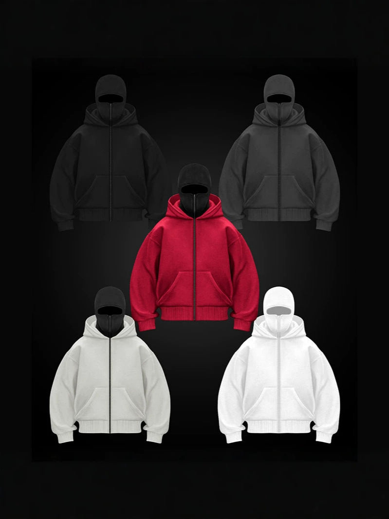 Men's Solid Color Full-Zip Hoodie with Integrated Face Mask
