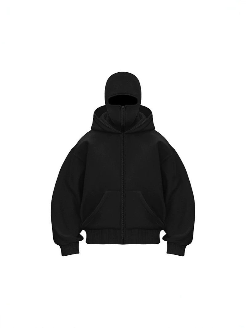 Men's Solid Color Full-Zip Hoodie with Integrated Face Mask